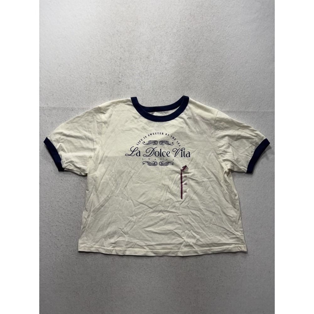 Mighty Fine Shirt Womens 2X White La Dolce Vita Graphic Ringer Tee Plus Casual